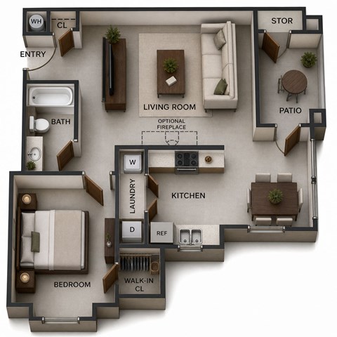 Floor plan for 1 bed, 1 bath, 767 sqft